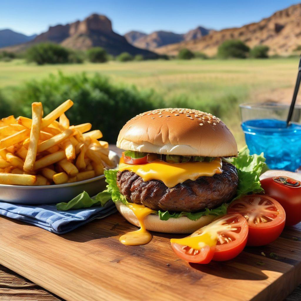 A sizzling Texas burger loaded with fresh toppings like lettuce, tomatoes, and cheese, placed on a rustic wooden table. The background features a vibrant Texas landscape with a cowboy hat and BBQ tools, giving a warm outdoor grilling vibe. Add a side of crispy fries and a cold drink to enhance the composition. Engage viewers with rich, appetizing colors and textures. super-realistic. vibrant colors. rustic style.