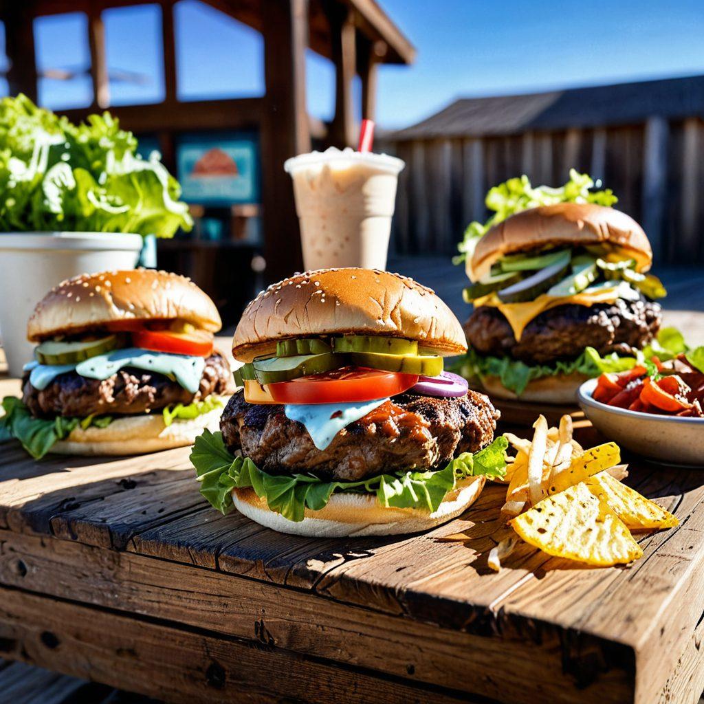A mouth-watering spread of rustic Texas-style burgers piled high with fresh ingredients, surrounded by colorful regional sides like spicy jalapeño poppers and creamy coleslaw. The scene is set outdoors under a sunny Texas sky, featuring rustic wooden tables and cowboy boots in the background. The juicy burgers should have thick patties, homemade sauces, and vibrant toppings. Captivating and inviting atmosphere. vibrant colors. super-realistic.