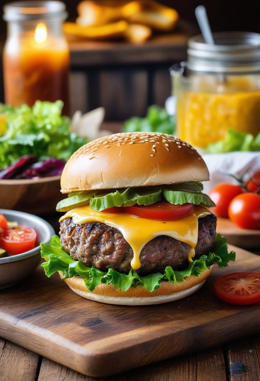 A mouthwatering Texas-style burger with thick, juicy patties, melted cheese, and fresh toppings on a rustic wooden table. Surround it with artisan ingredients like homemade pickles, ripe tomatoes, and crispy lettuce, all set against a backdrop of a Texas sunset. Capture the essence of southern comfort with warm, inviting colors and a hint of BBQ smoke in the air. Painting. vibrant colors.